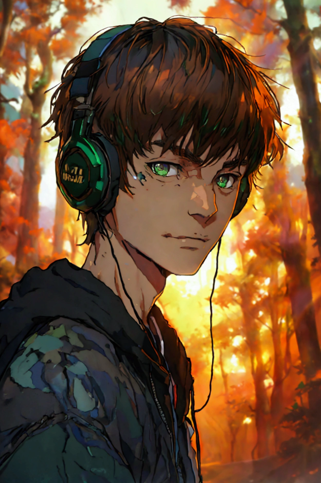  man average height 2 Brown hair, smirk, Slightly straight and messy Kind eyes with emerald green irises Light skin Casual and colorful urban clothing style Slightly athletic build Manga style Dark environment Detailed image background in orange and blue tones Forest at sunset With headphones 