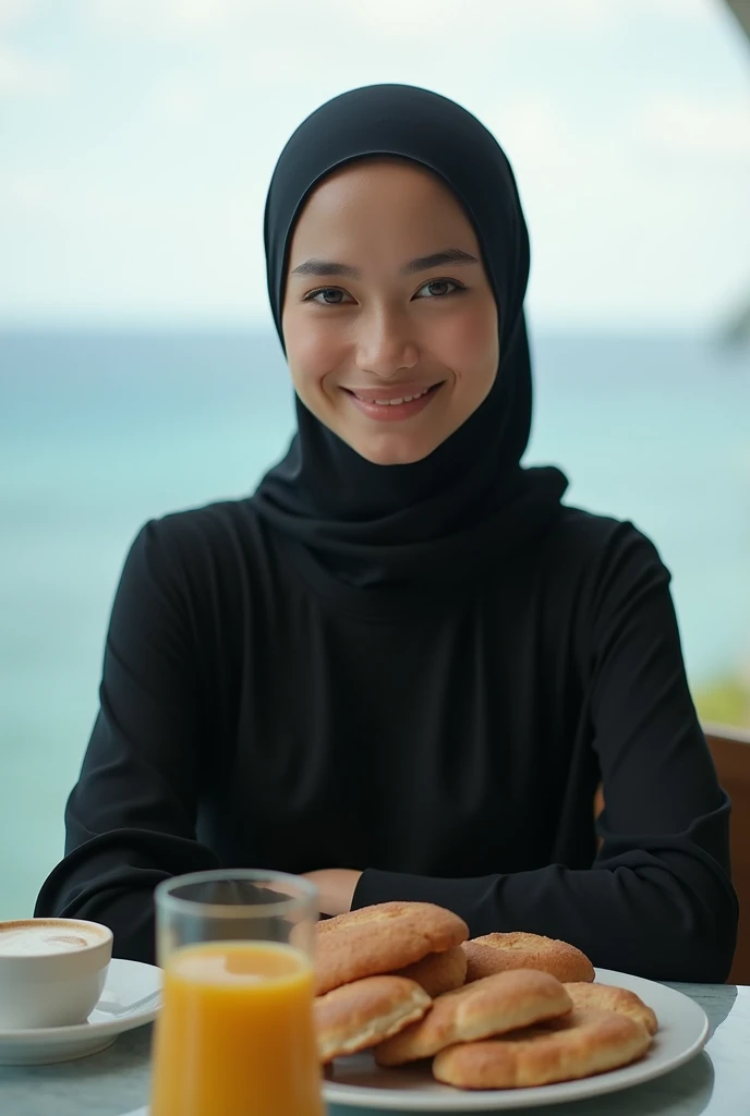 masterpiece, best quality, highly detailed, hyperrealistic, photorealistic:1.1,beautiful 20s French model, terrace, beach, cafe, at sunset, navy polo
polite shirt: 1.2, sitting, very hoddie detailed face, black hijab, blowing in the wind, pale skin, sweet smile, cup of hot chocolate.