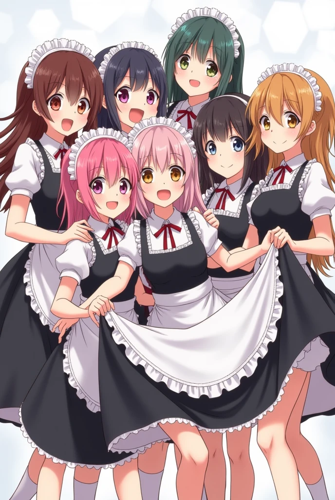 ((4 Girls with pink hair)), all with long twintail hairstyle, small bushy eyebrows, wearing gothic lolita clothing, (Zankuro) drawing style by zankuro artist, Zancrow style, image uploaded to R34, walking to school, flirty smile, , lifting her skirt to show her vagina wet with semen