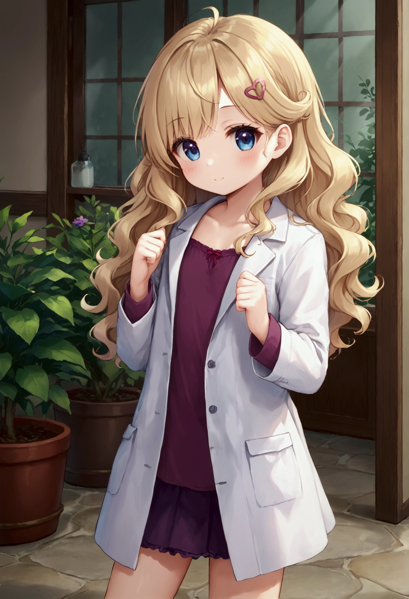 Small short young looking girl with a white lab coat on, wearing a cute business shirt and a cute short frilly skirt under the lab coat, long wavy hair, light blonde hair color, detailed curves, has scalpels in her lab coat pockets, flat chested, standing in a garden with a cute pose, cute hair pin, being playful.