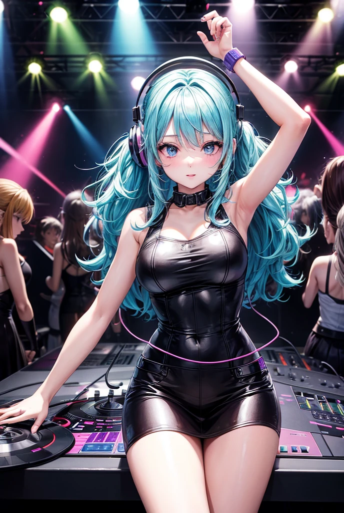 A lovely woman (asian, age 25, sexy little outfit, minidress panties exposed, bright green eyes, turquoise hair) dancing in the club having fun, Tik Tok dance