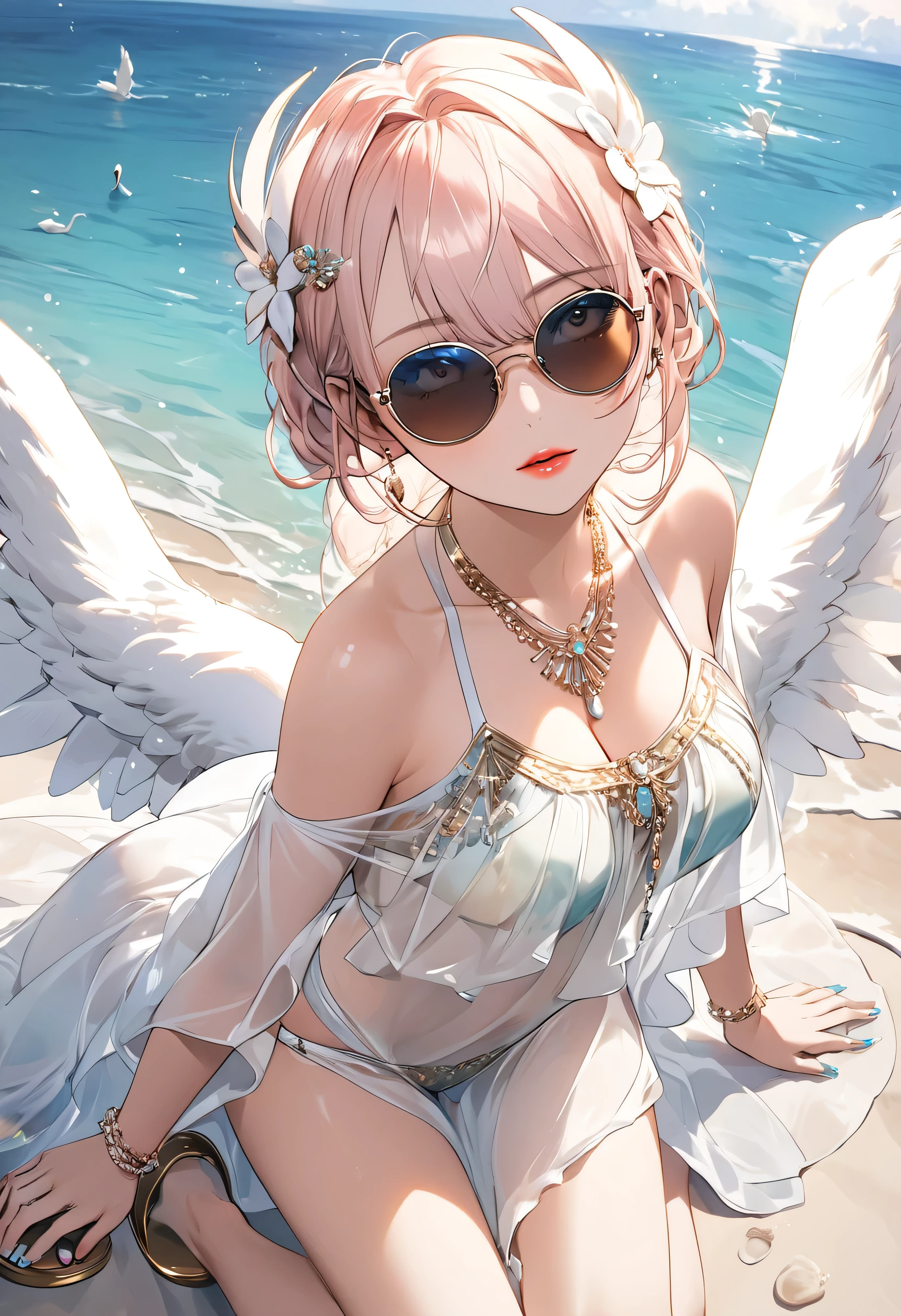((whole body))Icarus, Pink Hair, Eyes of Esmerald, angel wing, Expose your shoulders, Broken Lock, Cleavage, collar, collarbone, feathered wing, belly button, pink wing, Micro Bikini, Red ribbon, Robot ears, Knee socks,white Knee socks, wing, zettai ryouiki, An illustration, (One Girl:1.4), (masterpiece, highest quality, Shine光, Shine, Shiny skin, Very detailed), (Perfect Face, Detailed face, fine grain,Perfect hands,Perfect Fingers), (Mid-chest, Blushed), (Mature Woman:1.4), short hair, (((Gradient Hair))), Paradise Background, ((8k wallpaper))