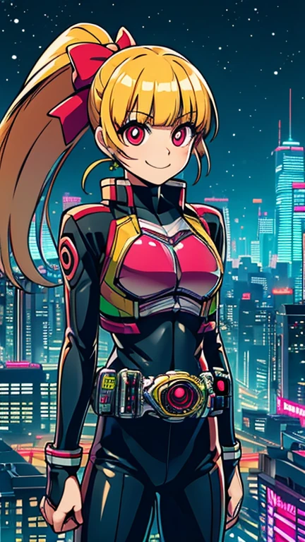 (8k),(masterpiece),(Japanese),(1girl),((ppgzmmk)),((Kamen_Rider)),From the front, upper body, Cowboy shot, close up, smile,cute,Innocent,Kind eyes, Flat chest, (long hair, blonde hair, hair bow, blunt bangs, ponytail, red eyes, bright pupils), city-scene-aso, night,dark, Neon light, LED, building , landscape, avenue, cyberpunk city, vivid colors 