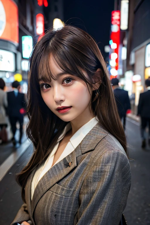 1 Girl, Tokyo Street,night, Streetscape,City lights, Upper Body,close, 8K, Raw photo, Highest quality, masterpiece,Realistic, photo-Realistic,Gray business suit, Long sleeve, Double, Black Eyes