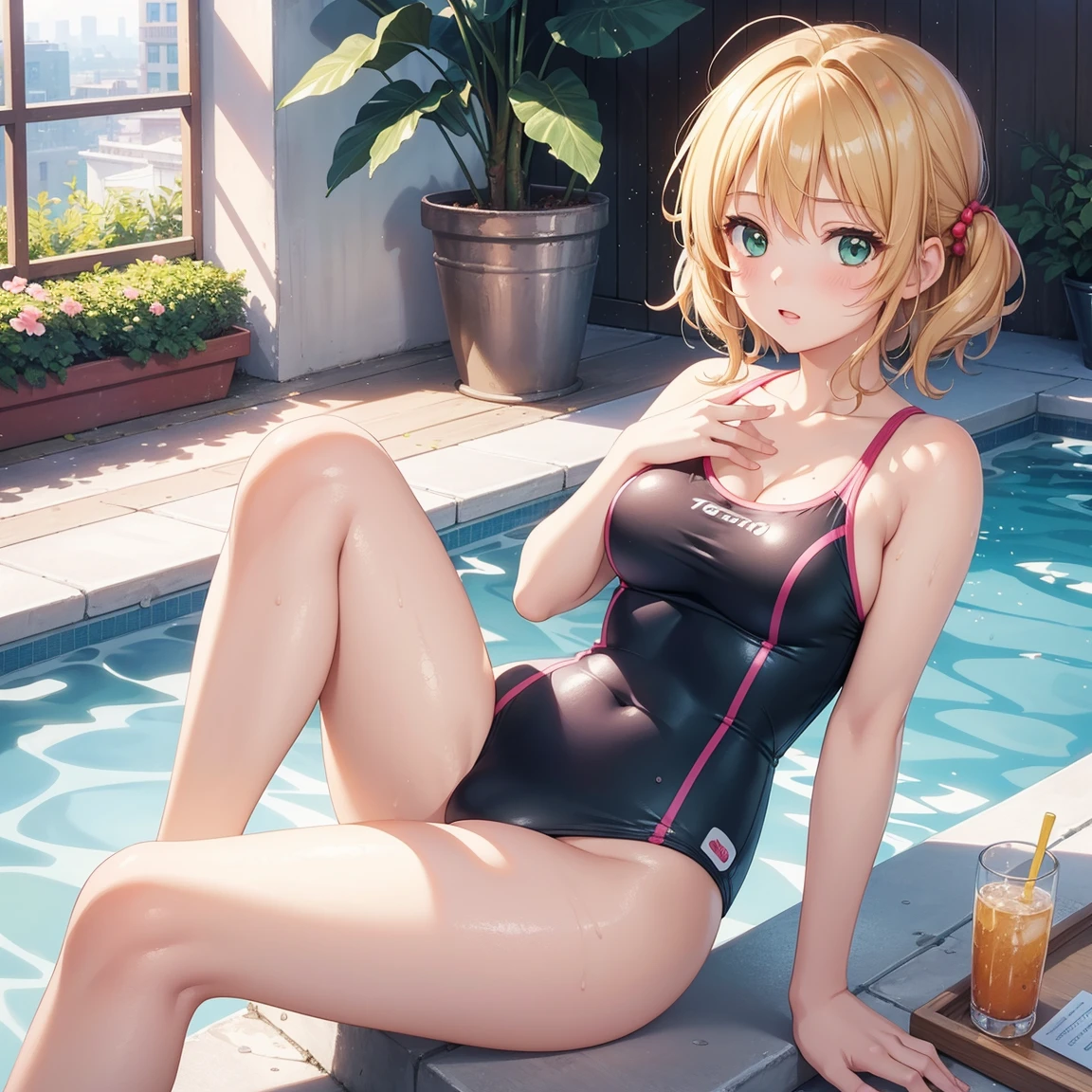 1girl, natural lighting, masterpiece, highly detailed, illustration, game CG, absurdres, high quality, kinomoto sakura, (18 year old girl), (medium breasts), beautiful detailed eyes, glossy lips, natural lighting, short fluffy blonde hair, messy hair, green eyes, sitting, pool edge, one-piece swimsuit