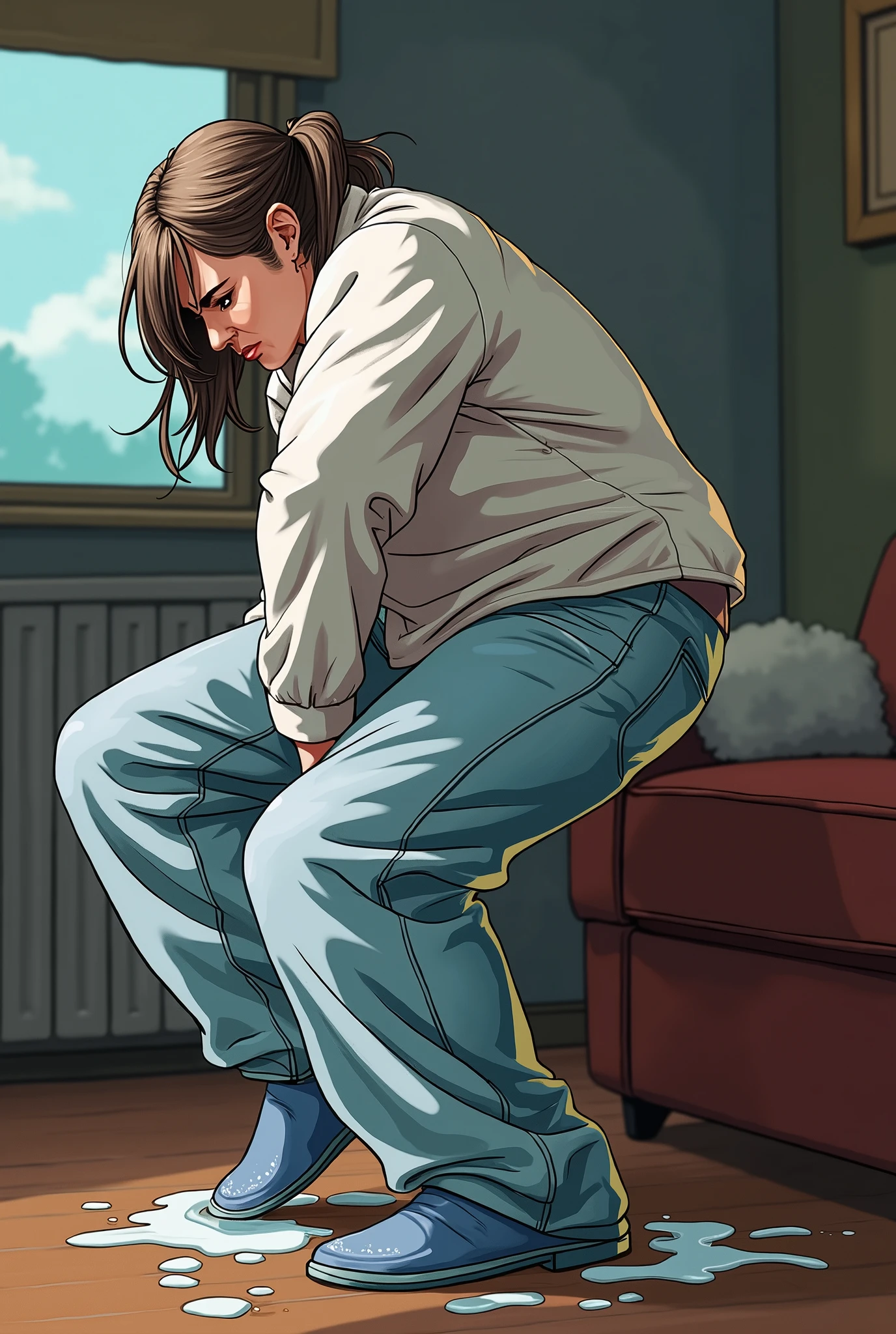 lap, shiting herself, long solid huge feces, looking shocked, looking surprised, painful expression, (a female in her 20s wearing long blue jeans with a black belt and wearing a brown short sleeve shirt, she has brown eyes and brown semi long straight hair she is turning into a female bullmastiff while shiting herself ), , digitigrade, , ripped clothes, breast , bust, BREAK (by zackary911, by braeburned, by haps), (transformation:1.2), on knees, ripped clothes , pants and shirt are completely ripped and are starting to expose her fur, (human face:1), hair, ln her room looking at a mirror , mostly transformed barely human anatomy, hair ,bullmastiff tail, butt burst, BREAK