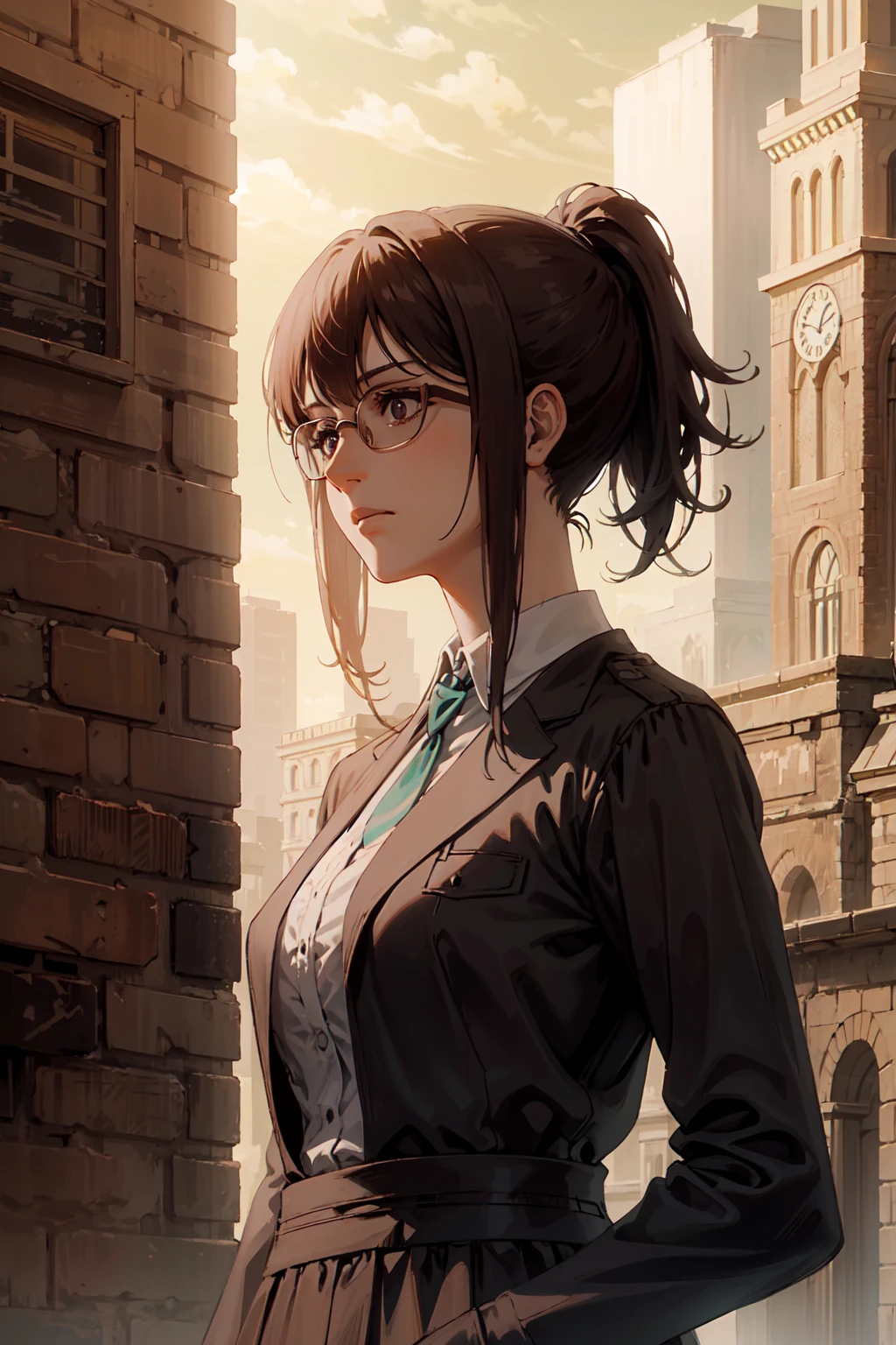 Potrait of beautiful HangeAOT,ponytail,(in full growth:1.4),glasses,1girl, solo,, volumetric lighting, best quality, masterpiece, intricate details, tonemapping