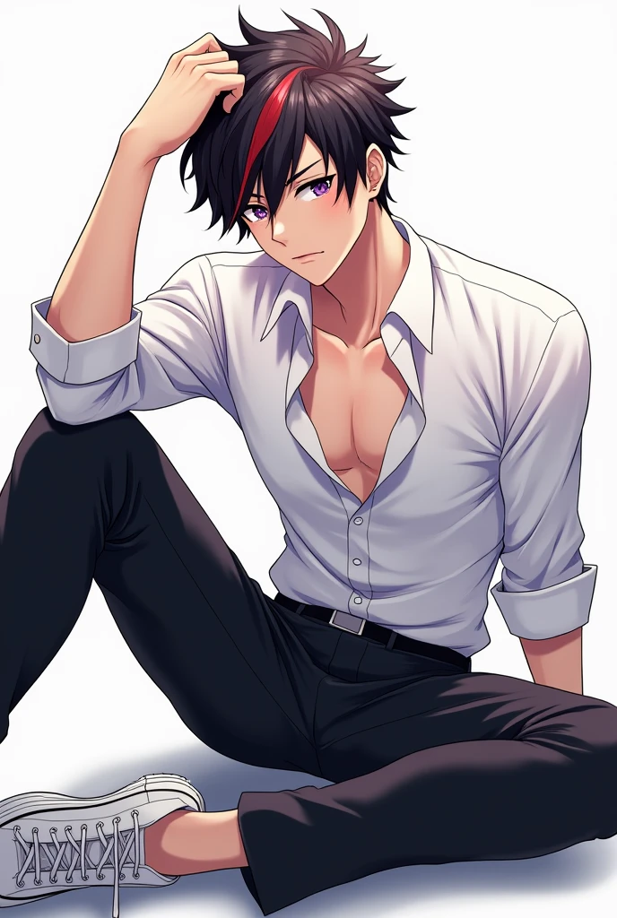 an handcuffed naked mato kuroi sitting on an emo guys lap