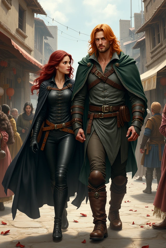 arafed image of a group of people in medieval clothes walking down a street, coriolios rpg art style, fantasy card game art, role-playing game art, dragonlance illustration, medieval fantasy game art, d & d fantasy digital art, fantasy rpg book illustration, adventure party, portrait of dungeons and dragons, Illustration DND color, sorceress red hair, purple armor