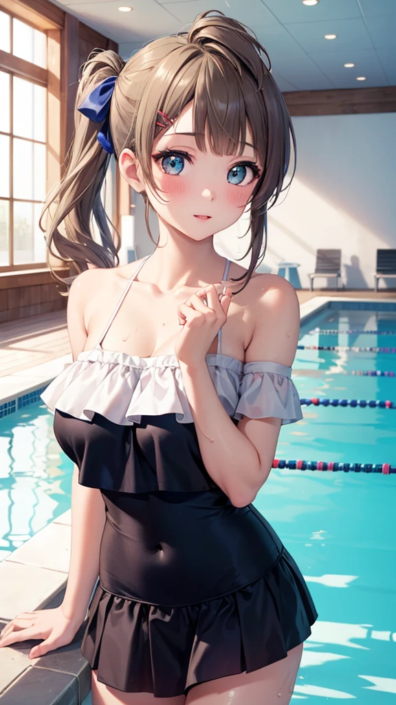 One girl, alone, Minami Kotori, On the one hand, Hair Ribbon, masterpiece, Highest quality, High resolution, unity 8k wallpaper, 【An illustration, Detailed eyes, Highly detailed face, Highly detailed CG, Glossy Lips, Natural Makeup, blush, Frilled swimsuit and mini skirt, clavicle, Indoor swimming pool, Cowboy Shot