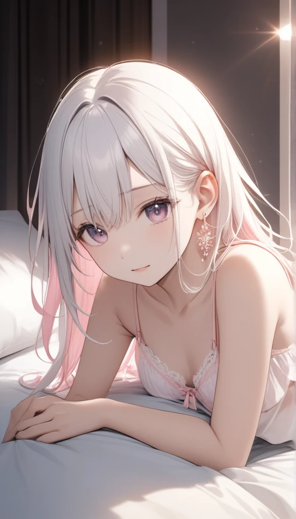 One,Cute  girl,((Simple earrings、A half-removed, disheveled camisole and miniskirt、Bra and panties))、((White hair color、Pale pink inner color hairstyle、Straight hair type)), Beautiful Hair, Facial Contour, Remember、illumination、splash, Lens Flare,Natural Color, High resolution, Very delicate, Very detailed, 8k,Shyness,((Sexual))、There is only a slight swelling of the breasts、Hotel、Lying in bed、Sensual and shy expression、(View from knee)