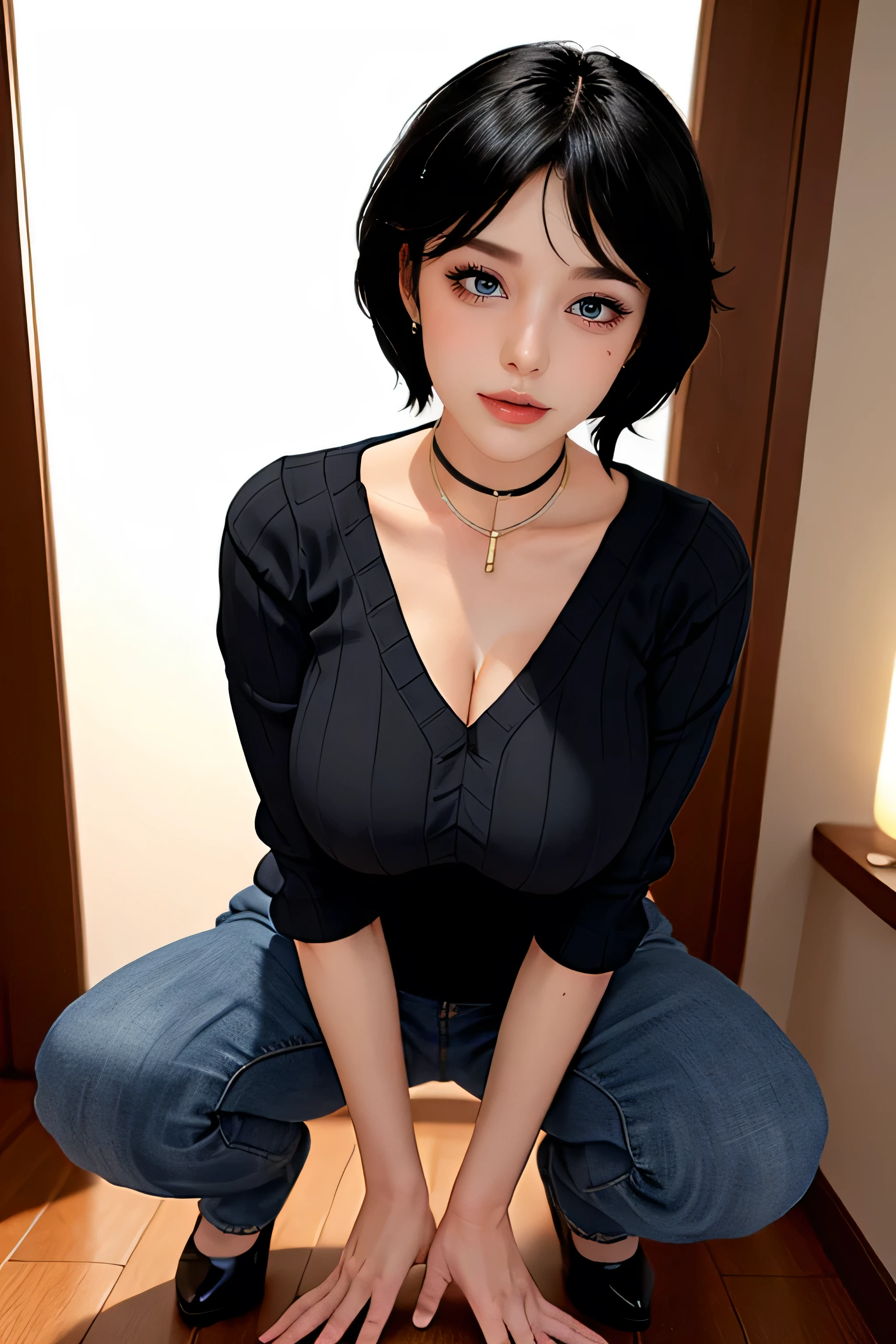 a woman in the office room, a white wall, a grey table, plants, window, sexy poseasterpiece,((35 year mature woman)) ((best quality)), ((intricate detailed)), ((Hyperrealistic)), absurd res, milf, mature woman, (perspective:1.8), highly detailed, illustration, 1girl, (hugebreasts), perfect hands, detailed fingers, beautiful detailed eyes, short hair, blue eyes, CEO, (business outfit:1.2), open office shirt, tight skirt, black choker, earrings, stockings, detailed background, bedroom, perfect eyes, seductive eyes, looking at the viewer, from below,glamour, wild, realistic,  straddling, squatting,  legs wide open, showing crotch, sheer underwear,crotch,