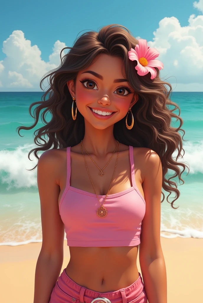 (best quality, masterpiece), brazilian girl, curly hair, wavy hair, wide smile, bikini, ocean, in water, wet, sun, long hair, wind,