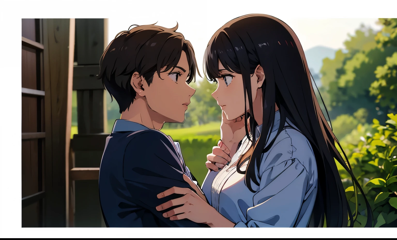 A man and a woman looking at each other&#39;s faces,couple,love,A male and female pair,Animation style,high school student,