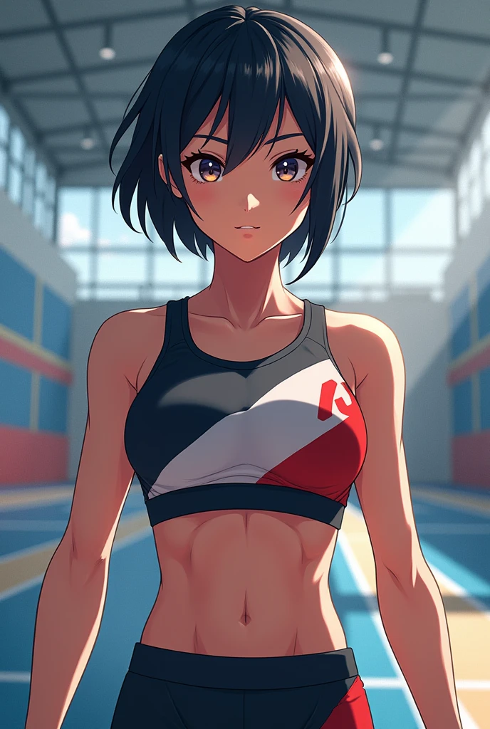 (masterpiece, best quality;1.2), nsfw, World trigger style, kitora ai, (1girl, solo), looking at viewer, (short hair, forehead), purple eyes, (embarrassed, blush), (red sports bra, emblem), (midriff, navel), red short shorts, (arm pit, touch own head)