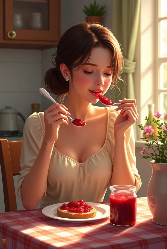 One lady, eating a pudding
