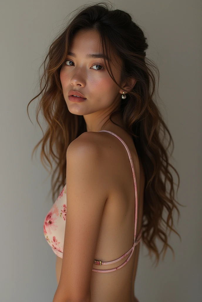 Pink dress,White bra,The upper garment is pulled down to reveal the right bra,Posture standing,There is a little drop of water on the chest,Long hair,A few strands of hair were scattered and flowed to the chest