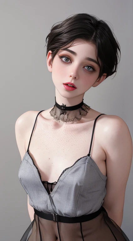 ((s0ph)), Sophia Lillis, beautiful detailed eyes, beautiful detailed lips, extremely detailed eyes and face, long eyelashes, petite, freckles, head down, alluring, short hair, choker, fishnet stockings, full body, beautiful butt, slim, frontal view, mouth open