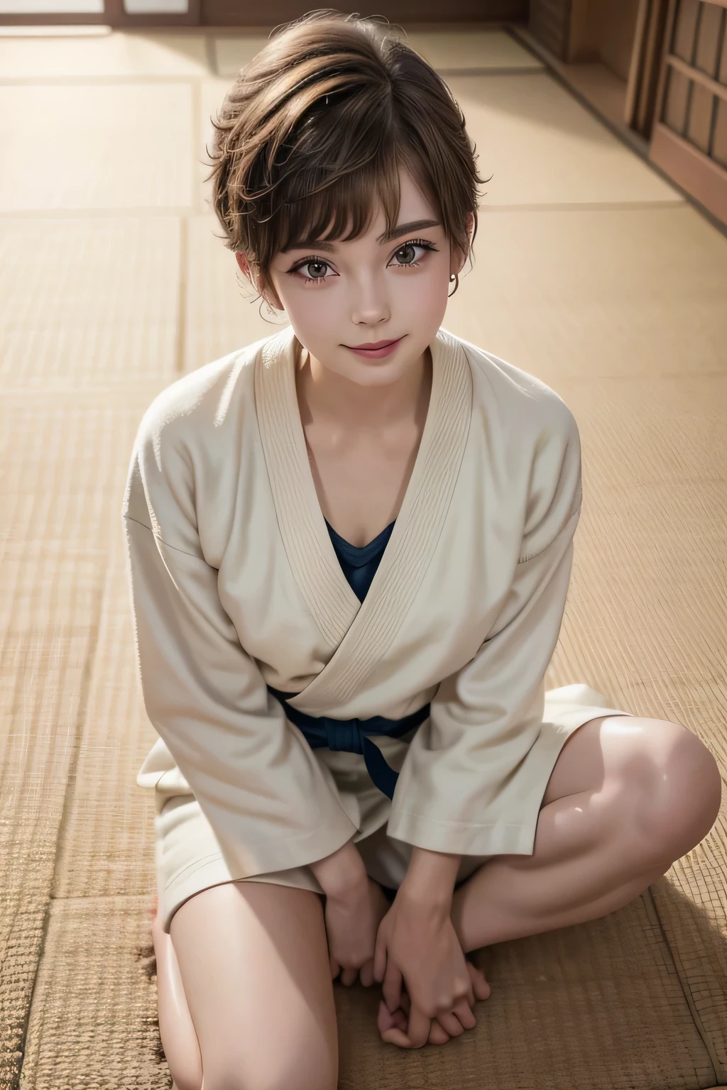 She is a high school student. Her haircut is a pixie haircut. Her hair looks like Amara Tenou. Her hair looks like Audrey Hepburn. Too beautiful girl、 Her face is so young. She is smiling. She is wearing a judo suit. Her obi is white. The background is a judo hall. The floor is covered with tatami mats. She is sitting on the tatami. Her Judo-gi is large and oversized. She is wearing a T-shirt under the judo gi.
