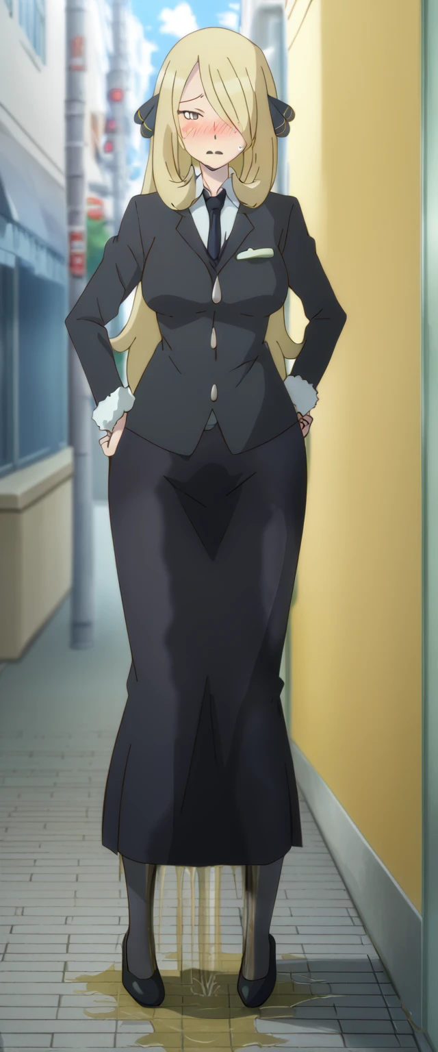 (high quality,Very detailed:1.37, High resolution), 2d, anime, anime style, anime source, Woman, Cynthia \(Pokemon\), slender, business suit, necktie, (long skirt:1.25), (pencil skirt:1.5), pantyhose, huge breasts, cleavage, looking at viewer, masterpiece, best quality, (wetting self:1.5), desperation, embarrassed, humiliation, (blushing:2.0), (black lipstick:1.25), standing, one hand on hip, city