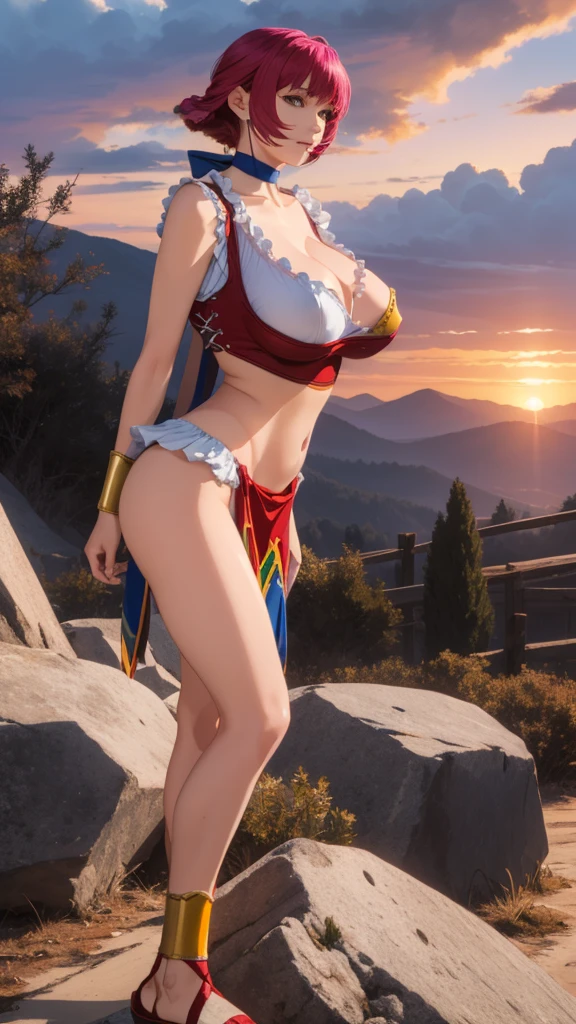 (highest quality,4k,8k,High resolution,masterpiece:1.2),super detailed,(realistic,photorealistic,photo-realistic:1.37),Beautiful detailed landscape of mountains, orange and purple clouds at sunset, Enchanting and magical,((beautiful nipples,Glossy skin:1.4,big areola)),Scapula,choker,crop top,cleavage,bracelet,bangle,pelvic curtain,anklet,sandals,Shoulders and arms,Emphasize slightly larger breasts, bust shot, Front view.