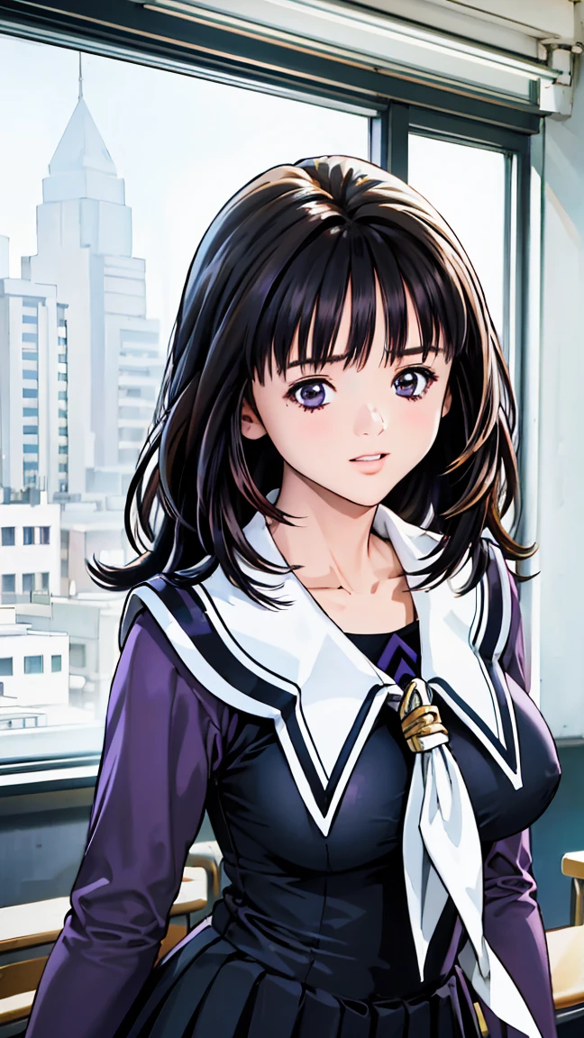 (8k、Highest quality、masterpiece:1.2)、(Realistic、Ultra-detailed、Ultra-high resolution、Beautiful detailed face,Perfect body,(One girl,Long black hair),(school uniform,Sailor suit,[Purple Shirt,Navy Skirt,White Thailand),Cleavage,(classroom,Big Breasts)