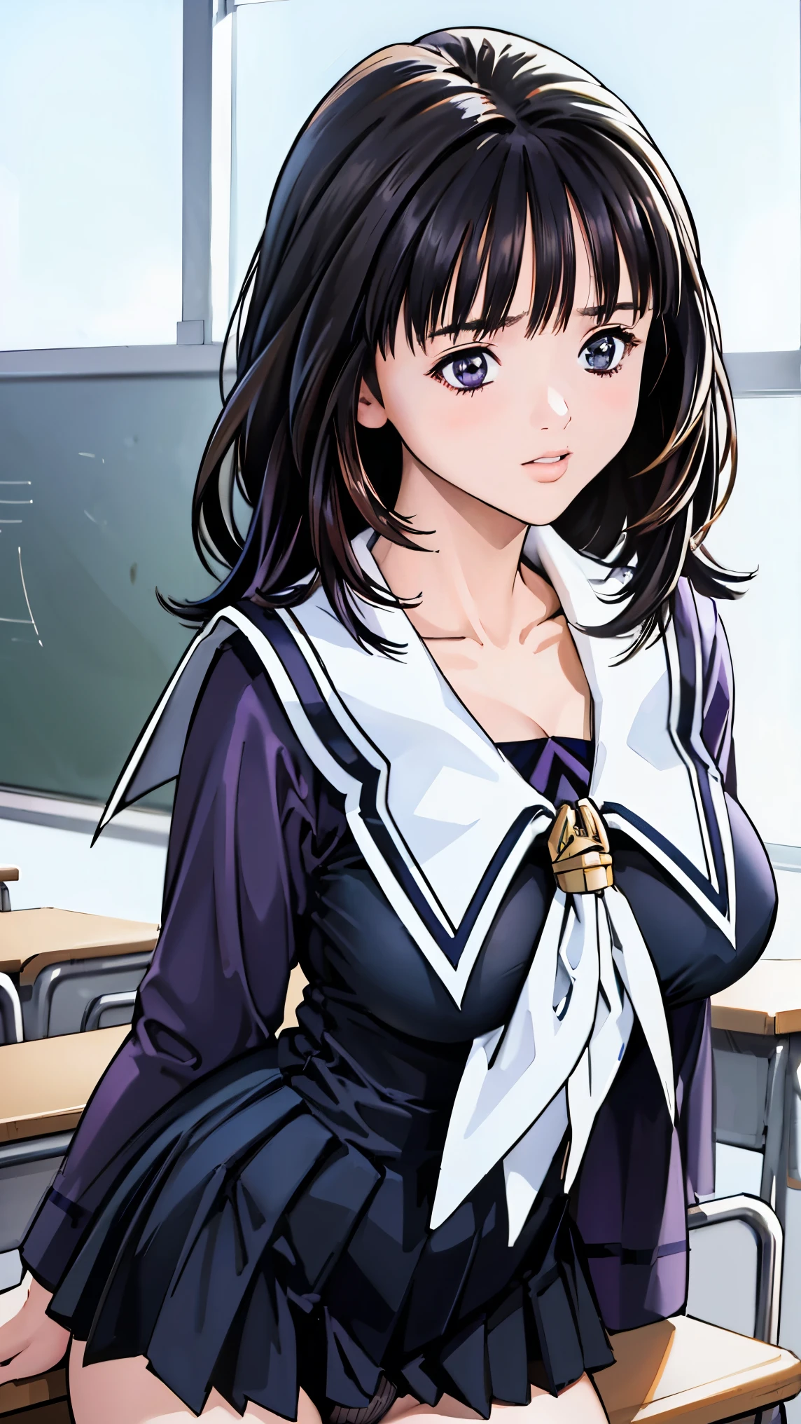Anime girl in uniform posing in front of a blackboard - SeaArt AI