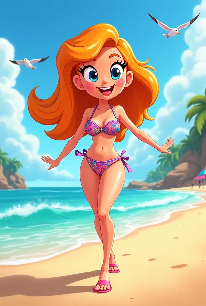 Mrs. Incredible from The incredible, her has red Brazilian bikini, on your knees, Beach background, 3d render, Pixar Animation 