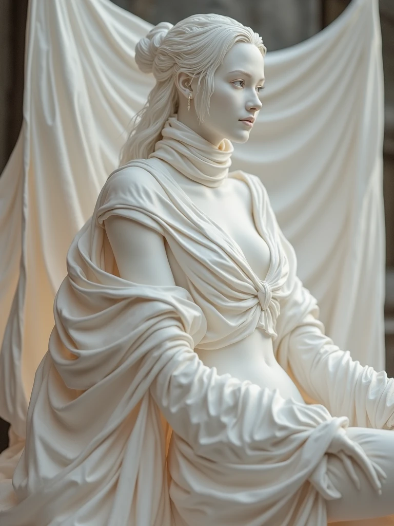 Marble statue of the goddess of the moon、Silver hair、A detailed face、Well-proportioned body lines、Feminine body、ample breasts、Polished stone skin、Sit on the windowsill、masterpiece、intricate detailes、ighly detailed、Dramatic、cinematlic lighting、spot light、highcontrast、Detailed shading、top-quality、hight resolution