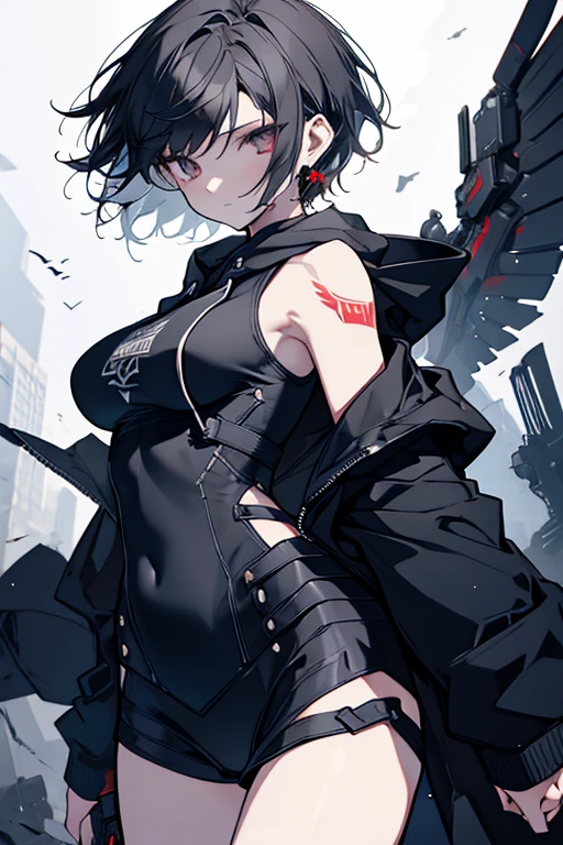 "Girl with intense and menacing gaze, confidently smirking.", Black hair, red eyes, red lips, dark unique sexy outfit, aesthetic, ruins background