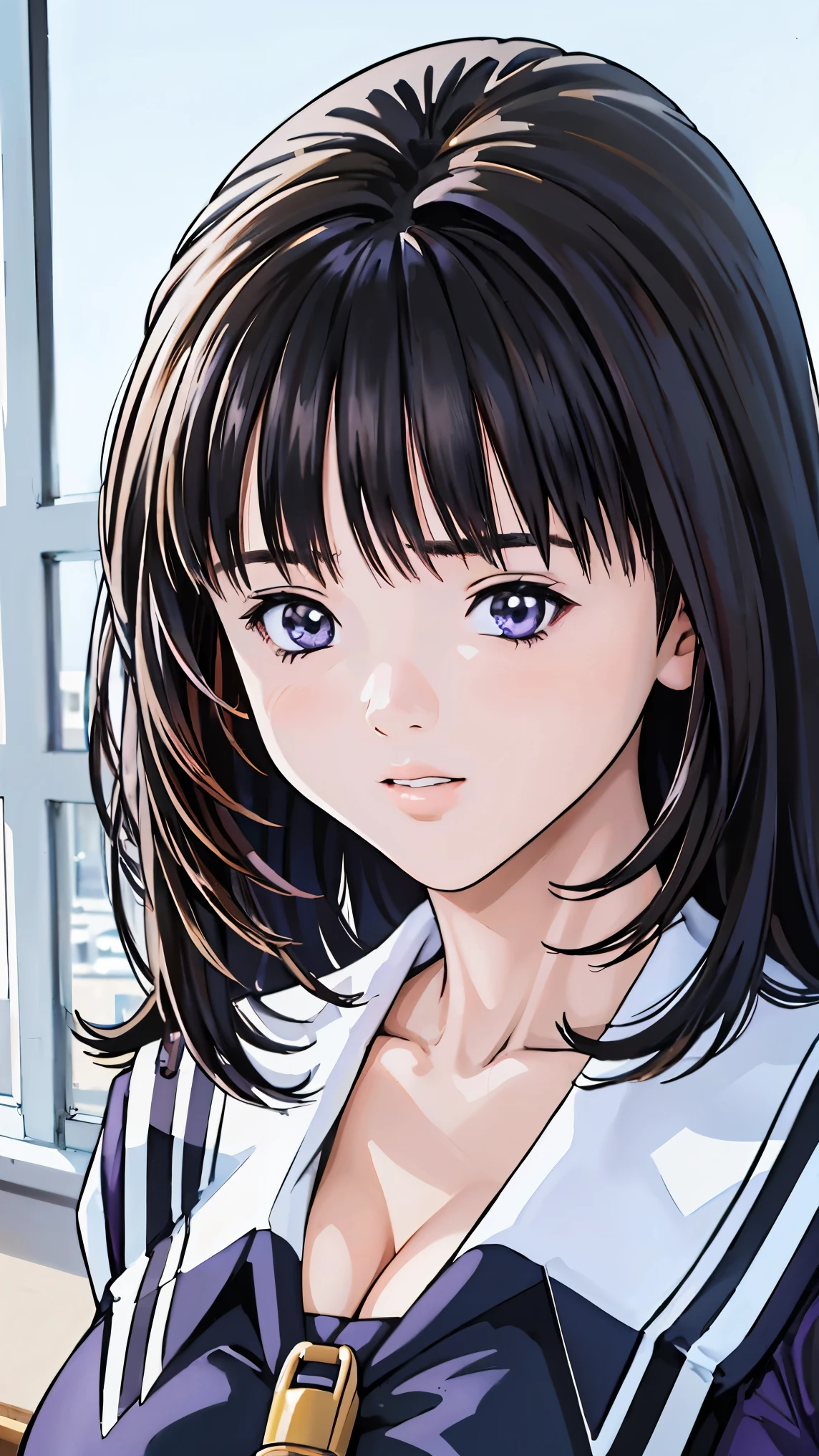 (8k、Highest quality、masterpiece:1.2)、(Realistic、Ultra-detailed、Ultra-high resolution、Beautiful detailed face,Perfect body,(One girl,Long black hair),(school uniform,Sailor suit,[Purple Shirt,Navy Skirt,White Thailand),Cleavage,(classroom,Big Breasts)