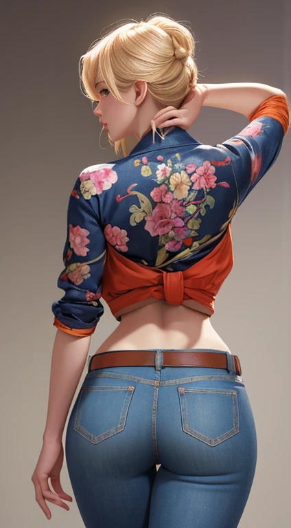 a beautiful blonde girl in jeans, rear view of her waist, akimbo, J.C. Leendecker art style, anime aesthetic, vibrant colors, highly detailed anime style, studio lighting, photorealistic, 8k, best quality