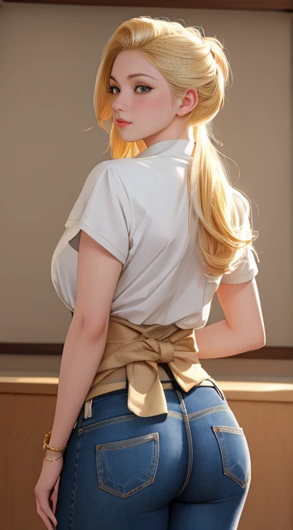 a beautiful blonde girl in jeans, rear view of her waist, akimbo, J.C. Leendecker art style, anime aesthetic, vibrant colors, highly detailed anime style, studio lighting, photorealistic, 8k, best quality