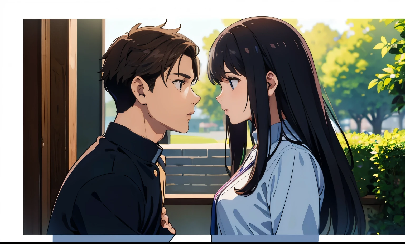 A man and a woman looking at each other&#39;s faces,couple,love,A male and female pair,Animation style,high school student,