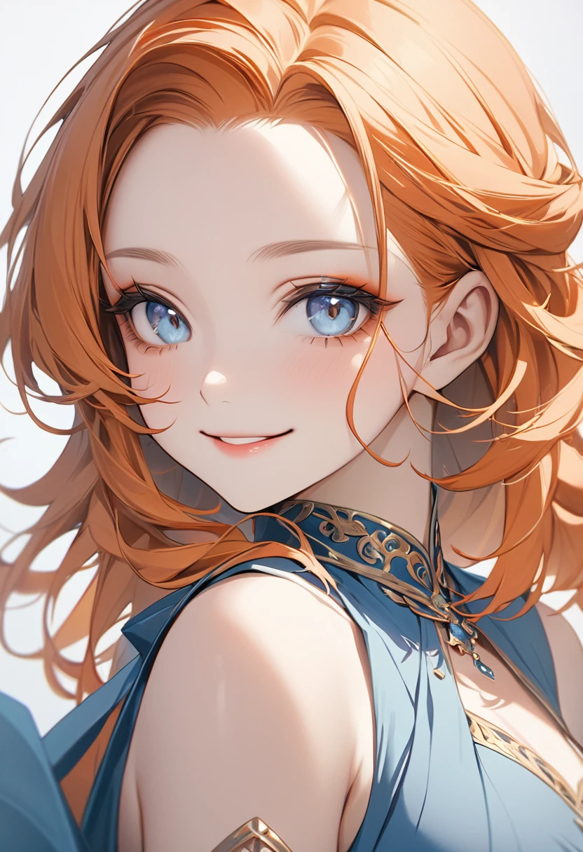 (masterpiece, best quality), 1 mature female, ((completely )), cleavage, (light orange hair, ponytail), sharp light blue eyes, detailed face, close mouth, smile, standing, (large breast), seductive smile, arms down, charming face, (40 year old face), (white background)