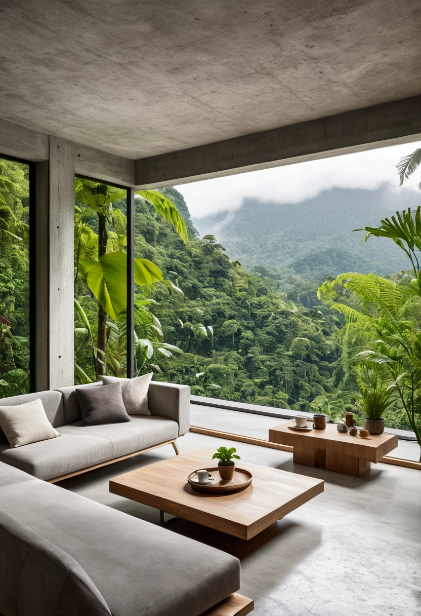 view of a living room with sofa, coffee table, and a large window, mountainous jungle setting, minimalist house in wood, hitech concrete interior, jungle setting, in a jungle setting, interior architecture view, with natural light background, concrete architecture, contemporary aesthetics, dense with vegetation, modernist interior, amidst nature fully covered