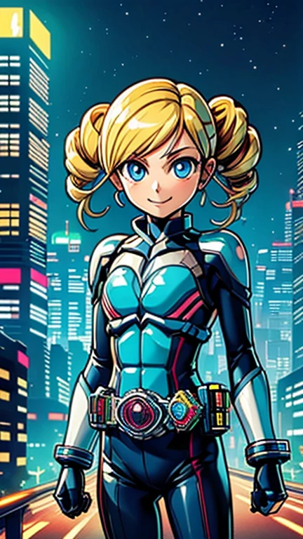 (8k),(masterpiece),(Japanese),(1girl),((ppgzmyk)),((blue, Kamen_Rider)),From the front, upper body, Cowboy shot, close up, smile,cute,Innocent,Kind eyes, Flat chest, (blue eyes, blonde hair, twin drills), city-scene-aso, night,dark, Neon light, LED, building , landscape, avenue, cyberpunk city, vivid colors 