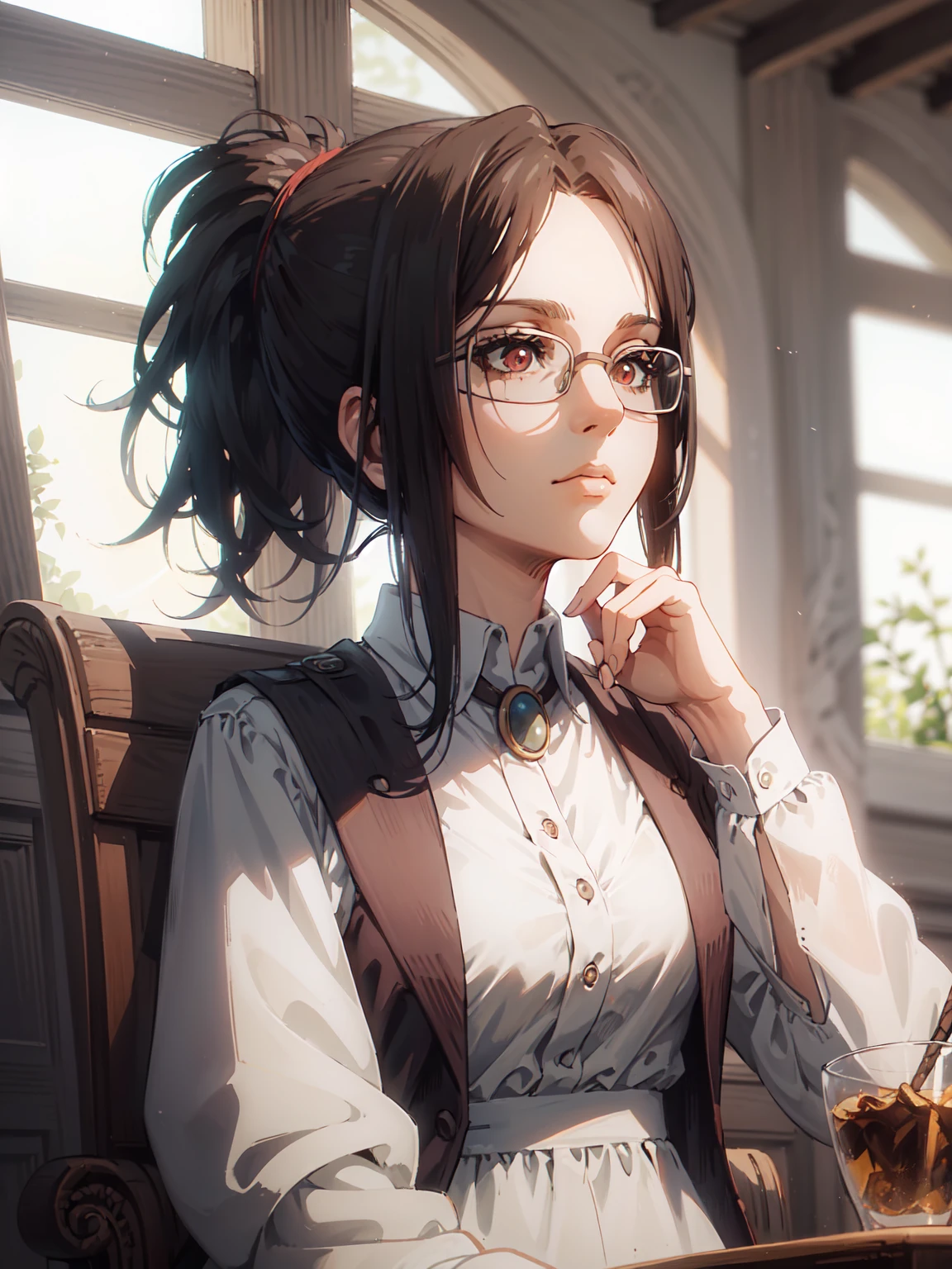 Potrait of beautiful HangeAOT,ponytail,(in full growth:1.4),glasses,1girl, solo,, volumetric lighting, best quality, masterpiece, intricate details, tonemapping