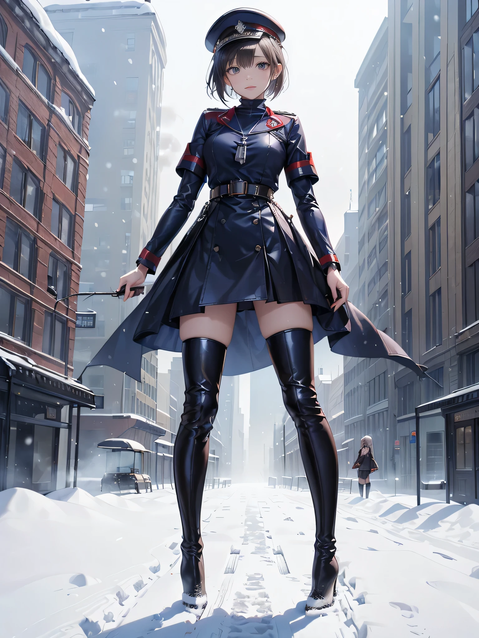 ((Biologically correct limb count)),(( From head to toe,Full-body photo including face)),4K,masterpiece,((Focus on the face)),((Symmetrical facial features)),Eyes with detailed description,Beautiful woman,Great style,(Small Ass,Thin thighs),Detailed depiction of the face,Small earrings,necklace,(Scarlet leather military uniform,skirt((Navy leather high heels,Thigh-high boots))),Fantastic photos,Short Hair,Stand at an angle,Alluring,(snow,fog,Building district:1.2),Rear view,(2girl:1.5),army,