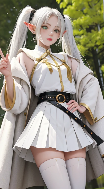 a female elf with green eyes and long white hair tied into two pigtails, wearing a black and white striped shirt, a white jacket with gold embellishments tucked into a matching skirt with a black belt, a short white and gold cape with a high collar, black pantyhose, and brown boots, with a pair of gold and red earrings, in a forest outdoor environment, best quality, (Freeze: Beyond the end of the journey), (( extremely detailed face, eyes, lips, nose, high quality), anatomically perfect, twintails, earrings, white cape, striped shirt, white skirt, long sleeves, belt, holding employees)