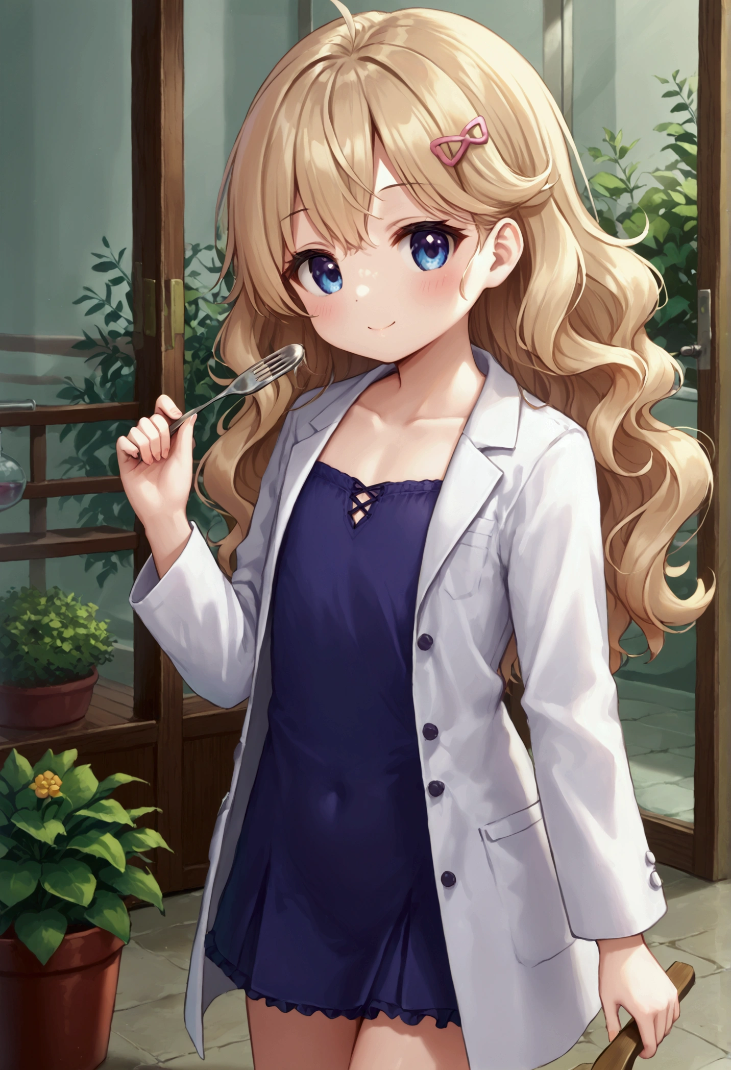 Small short young looking girl with a white lab coat on, wearing business casual and a cute short frilly skirt under the lab coat, long wavy hair, light blonde hair color, detailed curves, has scalpels in her lab coat pockets, flat chested, standing in a garden with a cute pose, cute hair pin, being playful, holding a scalpel.