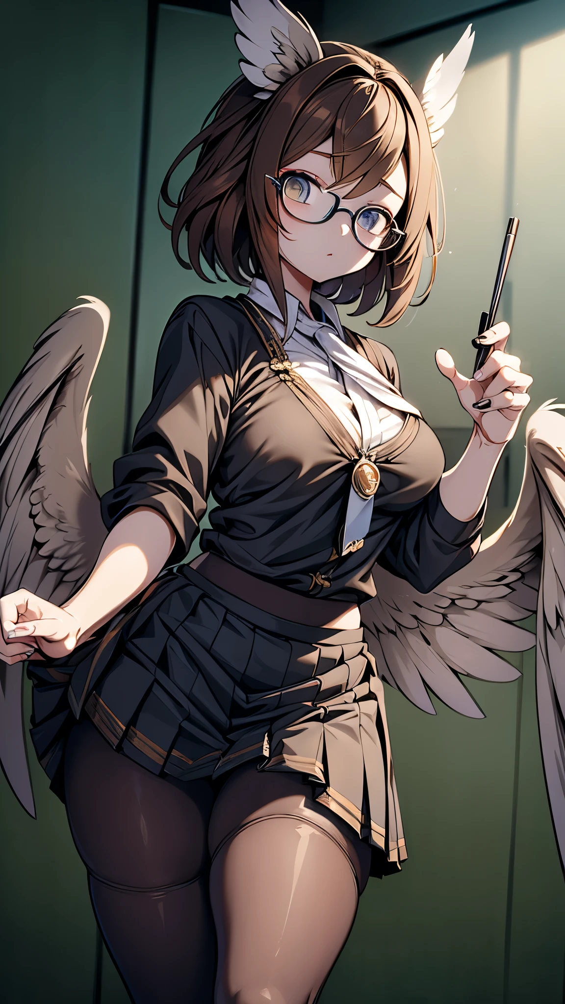 teacher，女teacher，A badge is hung around his neck，classroom，Brown hair short hair，Glasses，Glasses，Large Breasts，Big breasts，thigh，黑色thigh，Hip skirt，Hip skirt，Hip skirt，Short skirt，Hip skirt，No pleated skirt，tight skirt，黑色Tights，Tights，肉乎乎的thigh，Thin waist and wide hips，Blackboard background，wing，wing，Owl girl，wing，wing，大号wing，大wing，wing，褐色wing，褐色wing，猫头鹰wing，Ear fins，Ear feathers，wing耳朵，Feather ears，wing，背后长着wing的女孩，wing，wing，wing