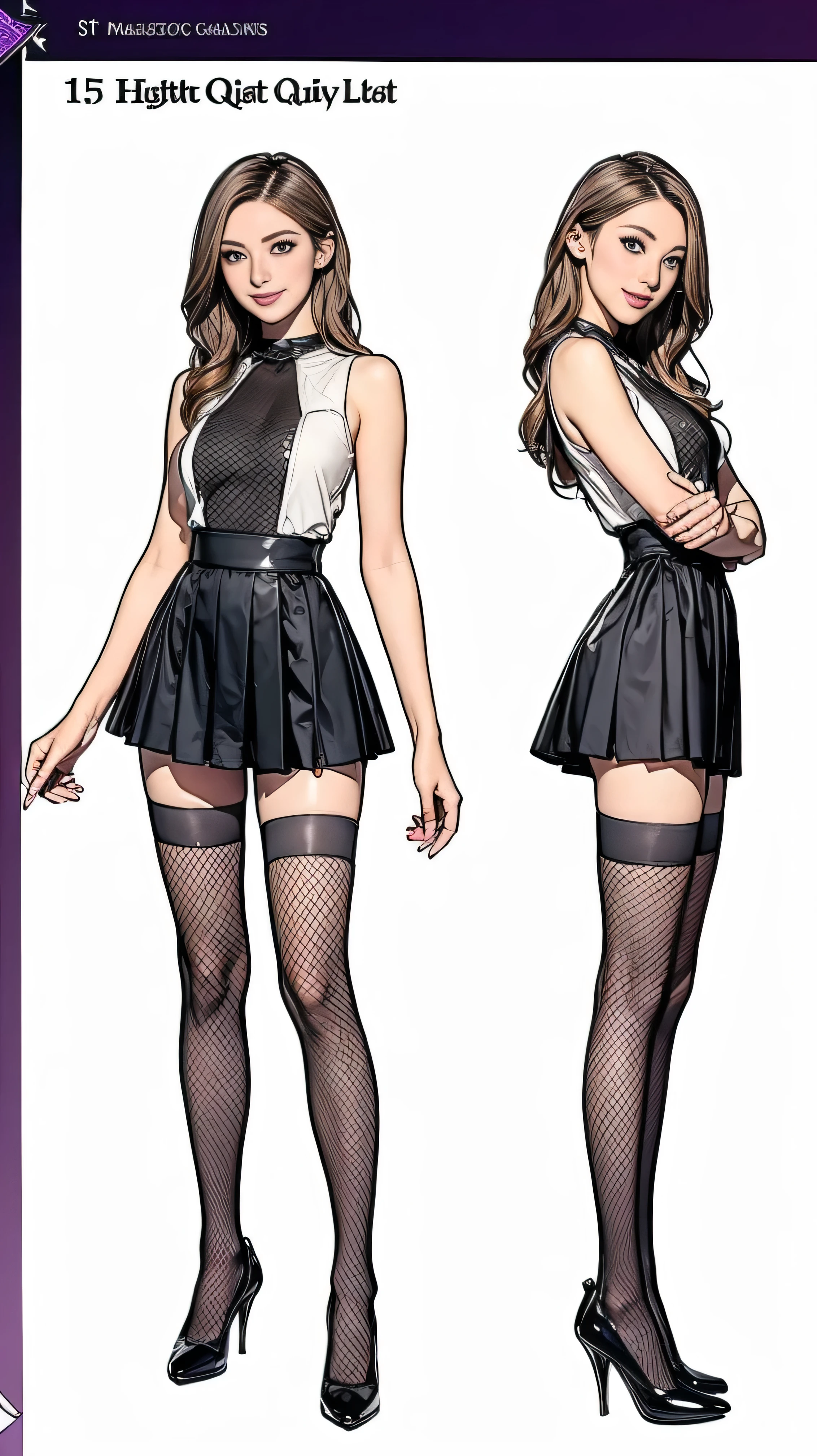 ((masterpiece)),(((Highest quality))),((Character design sheet)),Thin thighs,Long legs,wearing black fishnet tights:1.5,The best smile:1.5,Full Body Shot:1.5,masterpiece, Highest quality, One Girl, Elaina_(May_no_gossip), Silver Hair, Purple eyes, Long Hair,