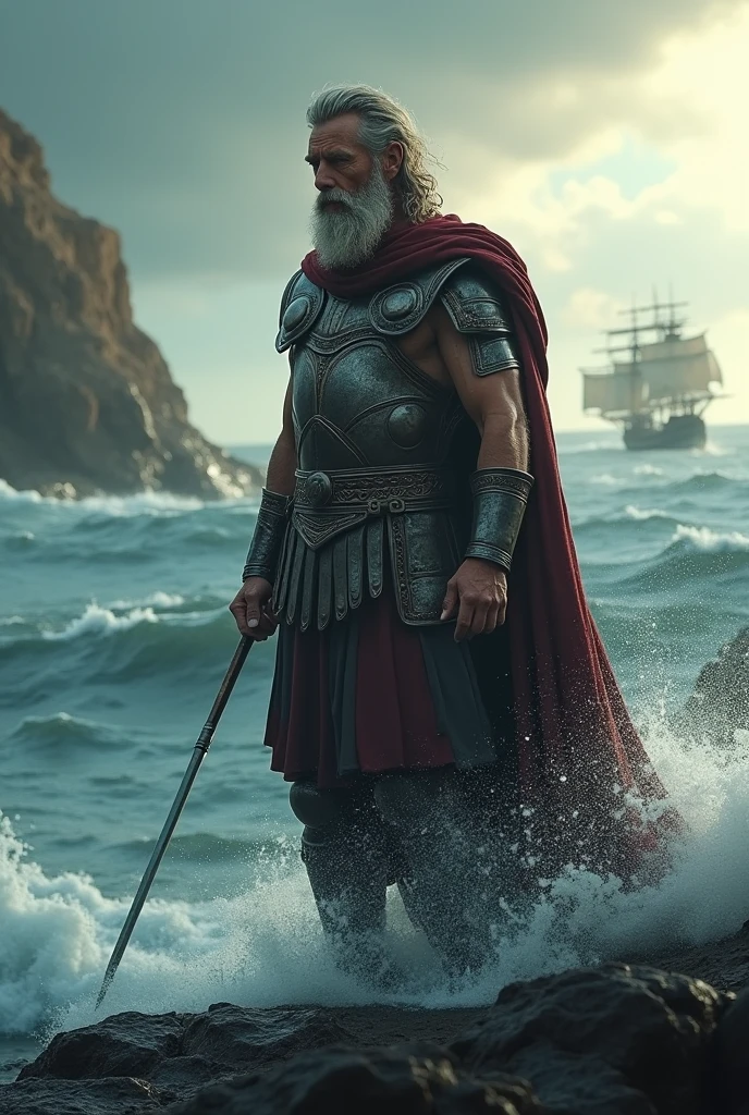 Medium shot, Muscular, tall, bearded, thunderbolt, crown, toga, sandals, regal, commanding, divine + Hades, Poseidon, negotiating, daytime, solemn, mountains, sky, ocean, underworld, dynamic,dramatic,cinematic,highly detailed,4k,realistic,photorealistic,professional lighting,chiaroscuro,dark,gritty,grunge,powerful,intense,epic