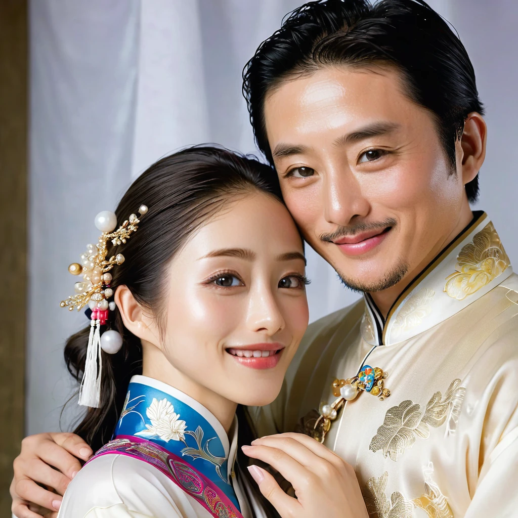 ((Highest quality)), ((masterpiece)), (detailed), （Perfect Face）、The woman is Satomi Ishihara, a beautiful Japanese woman with black hair, large breasts, beautiful proportions, and an engagement ring.、The woman is smiling while wearing a gorgeous and gorgeous Chinese national costume and accessories.、A woman is embracing and kissing a middle-aged bearded Chinese man in China, making love.