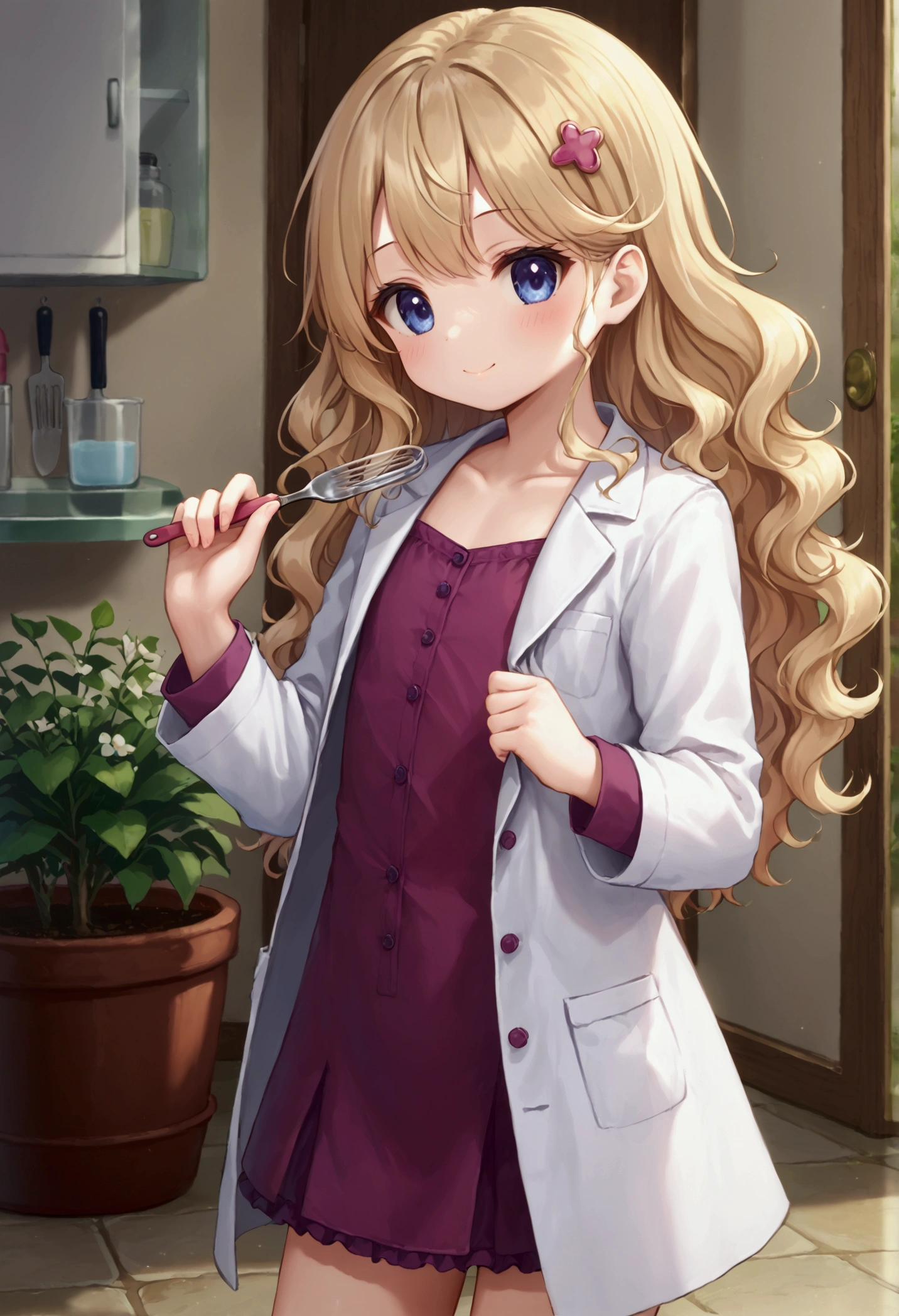 Small short young looking girl with a white lab coat on, wearing business casual and a cute short frilly skirt under the lab coat, long wavy hair, light blonde hair color, detailed curves, has scalpels in her lab coat pockets, flat chested, standing in a garden with a cute pose, cute hair pin, being playful, holding a surgical scalpel.