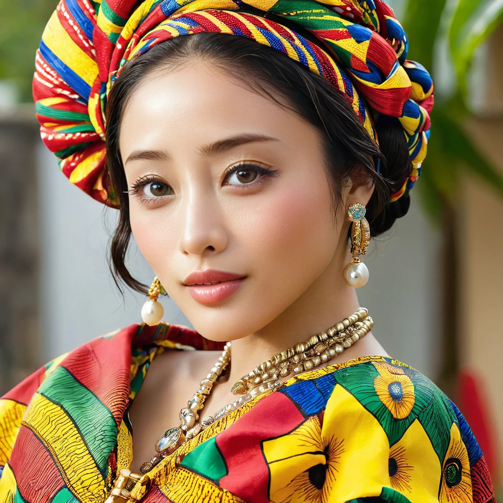 ((Highest quality)), ((masterpiece)), (detailed), （Perfect Face）、The woman is Satomi Ishihara, a beautiful Japanese woman with black hair, finely braided hair like an African woman, large breasts, beautiful proportions, and an engagement ring.、The woman is smiling and dressed in the gorgeous and glittering colorful Ghanaian national costume with gorgeous accessories.、A woman is hugging, kissing and making love to a middle-aged Ghanaian man with a beard in Ghana