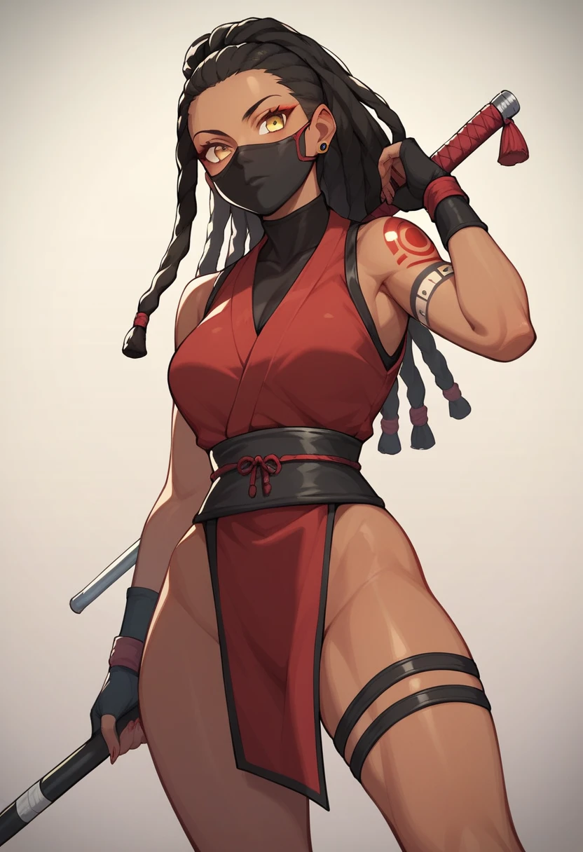 (Masterpiece, plain background:1.2) 1sologirl female full body, standing straight symmetrical feet together looking to camera view from below, strong abs, red cheeks smiling, dark elf, dark skin, long mess white hair, red eyes, circlet, 1990s style retro game