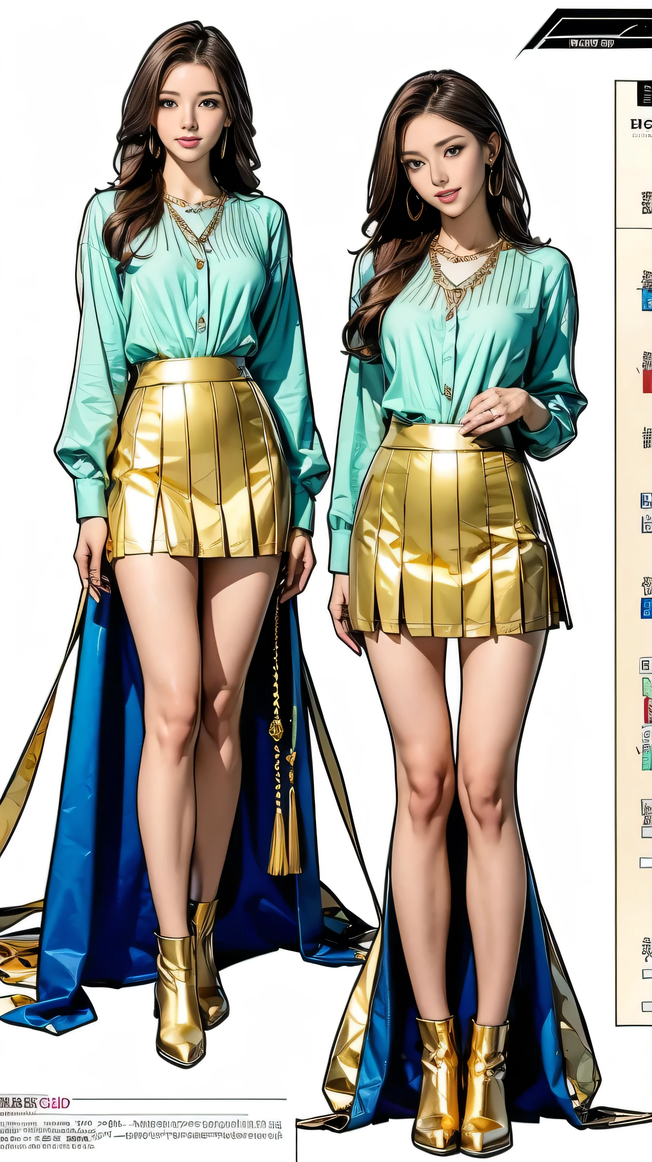A close up of two women in gold and blue outfits - SeaArt AI