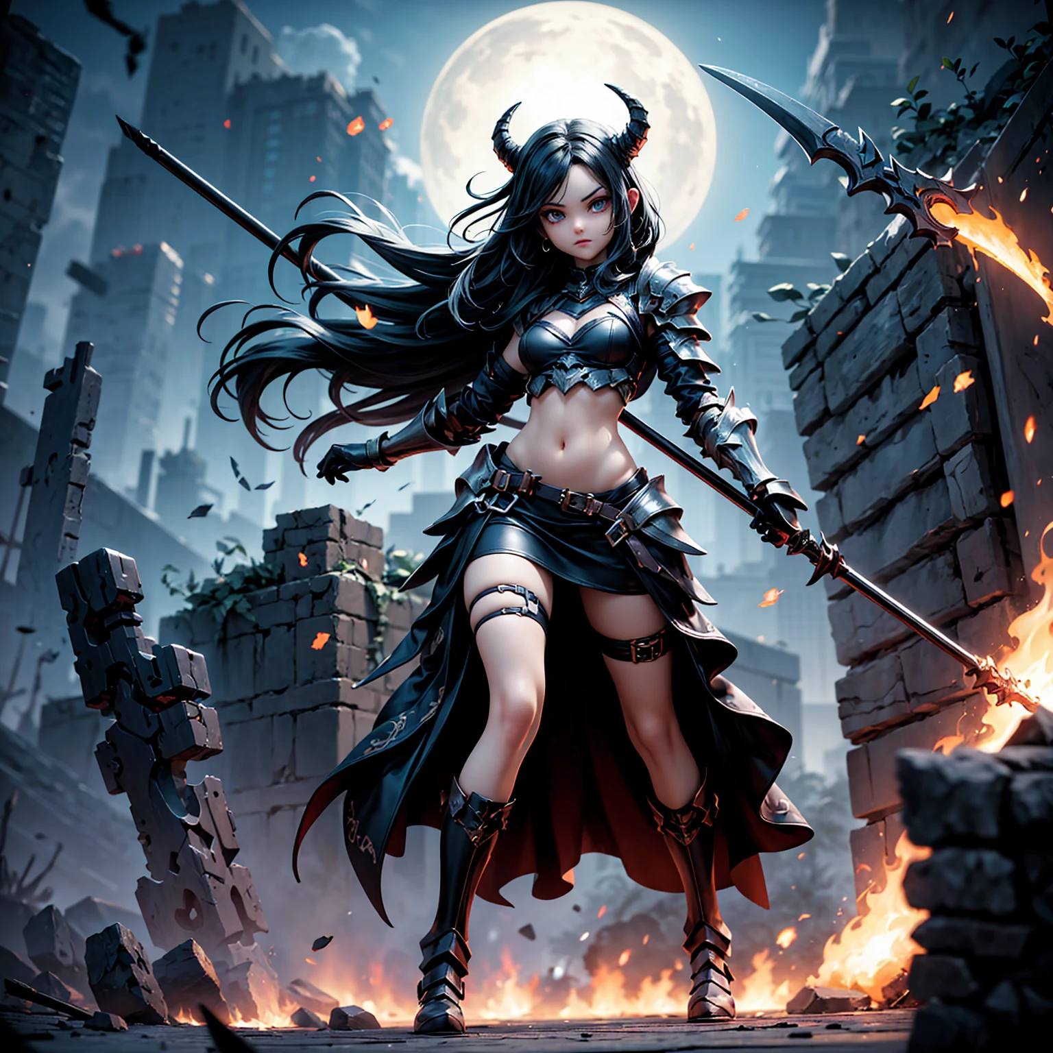 Demon girl, light blue skin, pretty, dark blue hair, dark blue lips, elegant hair, black decorated royal armor, detailed arm, balck fur on shoulders, sexy armor, high heals, athletic build, medium breast, holding bloody decorated axe, standing in front of burning village, night, half moon, cold, still, perfect face, symmetrical face, close up